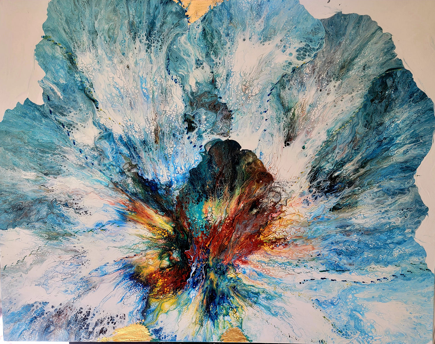 The art piece is a blue flower that is imagination of the artist. This paint uses combination of modern and pour painting.